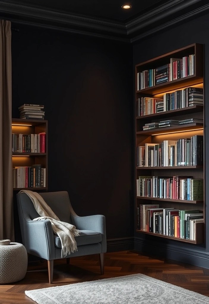 15 Dark Living Room Decor Ideas That'll Make You Want to Curl Up with a Book! - 14. Curate a Cozy Library Corner