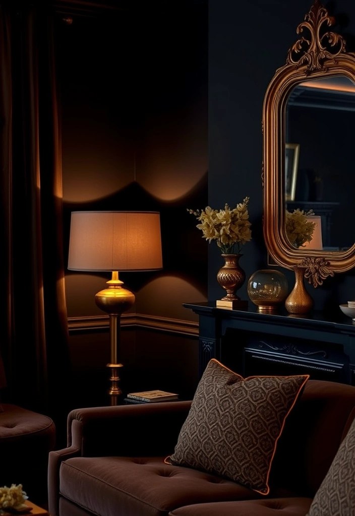 15 Dark Living Room Decor Ideas That'll Make You Want to Curl Up with a Book! - 5. Introduce Warm Metallic Accents